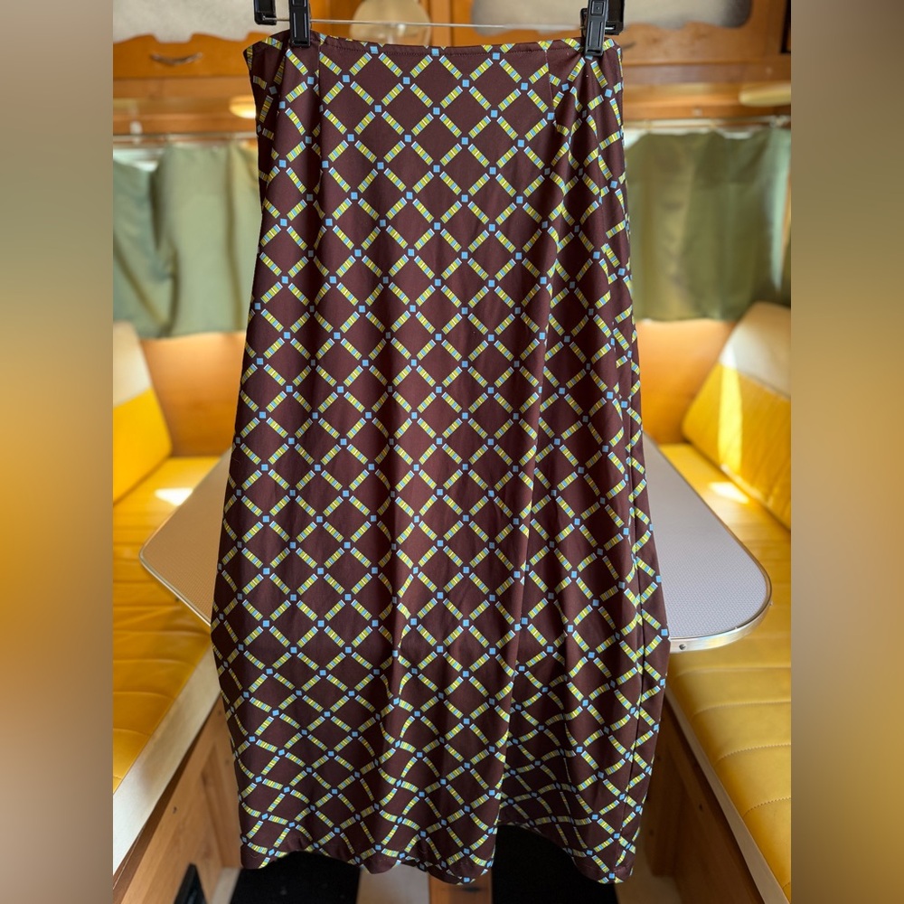 Express Brown Midi Skirt with Green and Light Blue Diamond Plaid